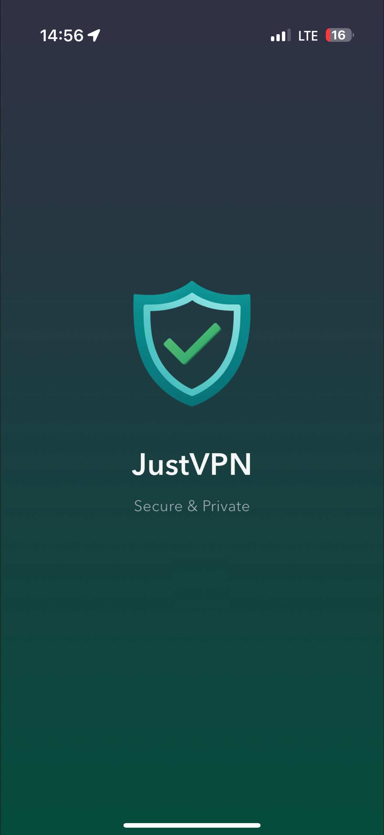 JustVPN iOS app showing a one-tap secure VPN connection with protected status