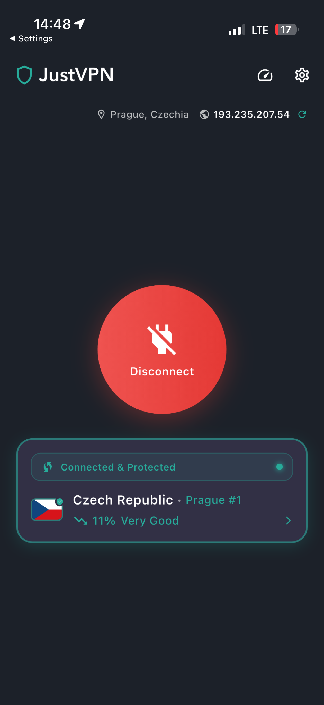 JustVPN Home Screen